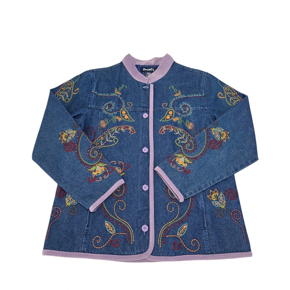 Denim & Co Embroidered Floral Paisley Denim Jacket Blue Lavender Trim Medium